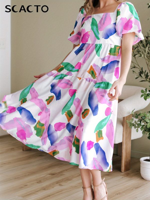 colorful floral print square neck dress with ruffled sleeves lightweight polyester, perfect for casual or stylish outfits, all season wear, casual attire|ruffled sleeve dress|polyester fabric