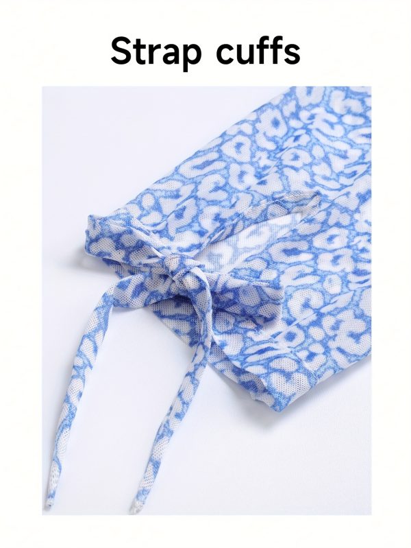 women summer tops blouses and shirts v neck double layer mesh printed shirt three quarter sleeve cuff strap top