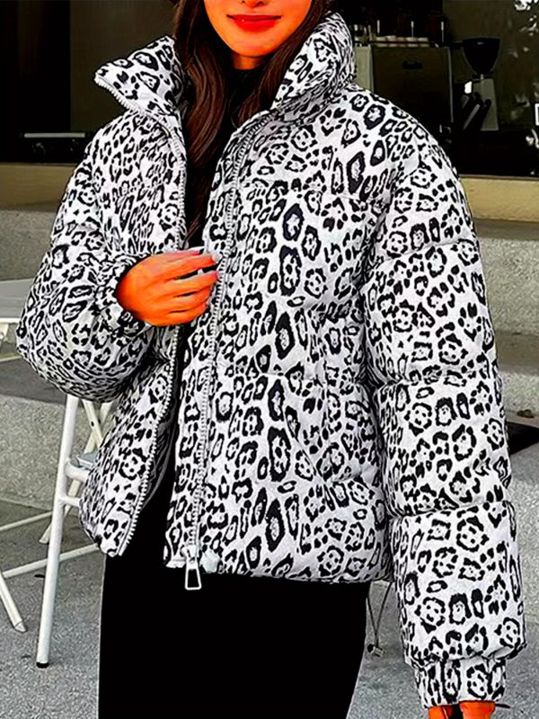 women's leopard print jacket stylish long sleeve zip up coat with pockets, black & white animal pattern, perfect for fallu002fwinter outerwear, leopard print clothing