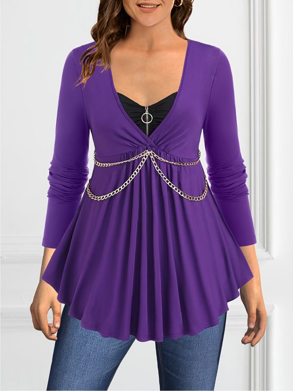 women's chest pleated metal chain elegant top