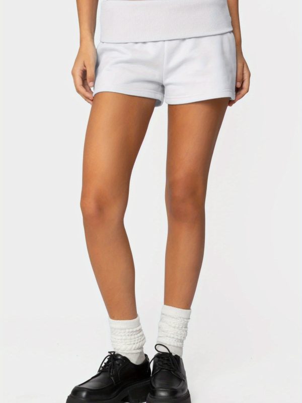 women's elastic low waist fold over lounge shorts summer slim fit mini pajama shorts, breathable machine washable casual sleepwear & daywear, solid color, sleep shorts, comfortable loungewear, versatile clothing, durable fabric