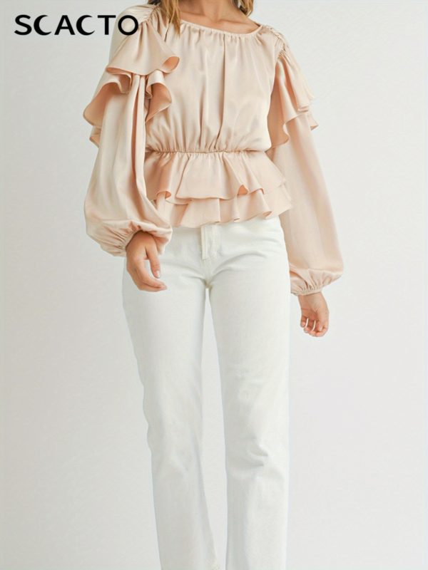 beige long sleeve top with ruffled layered design, round neck style, suitable for daily casual or stylish matching