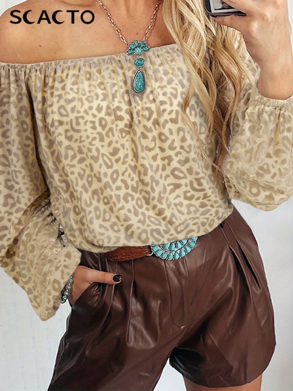scacto women's sexy off shoulder leopard print blouse long sleeve, beige, casual chic top with tie detail, perfect for casual attire, leopard print blouse