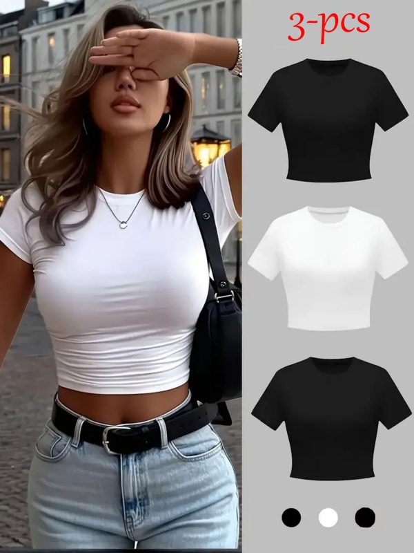 3pcs of fun floral letter creative pattern printed women's fashionable short t shirt, sexy slim fitting waist revealing women's t shirt, round neck short women's top classic solid color casual elegant light comfortable breathable y2k style women'