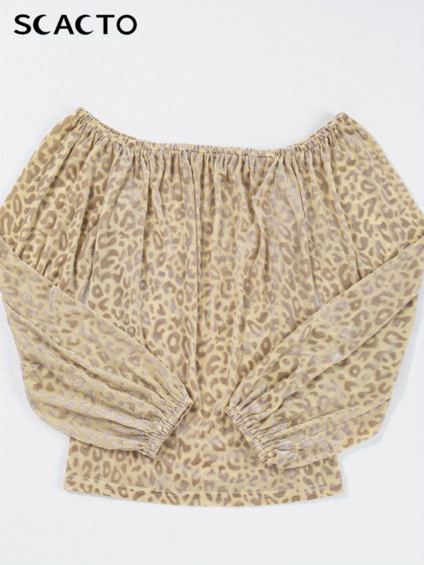 scacto women's sexy off shoulder leopard print blouse long sleeve, beige, casual chic top with tie detail, perfect for casual attire, leopard print blouse