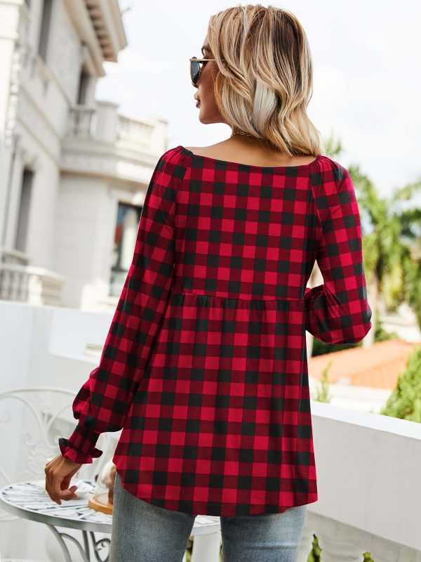 women's casual v neck long sleeve blouse non see through fabric, everyday office outfit essential springu002fsummer wardrobe staple top, summer fashion, puffed sleeves, checkered pattern