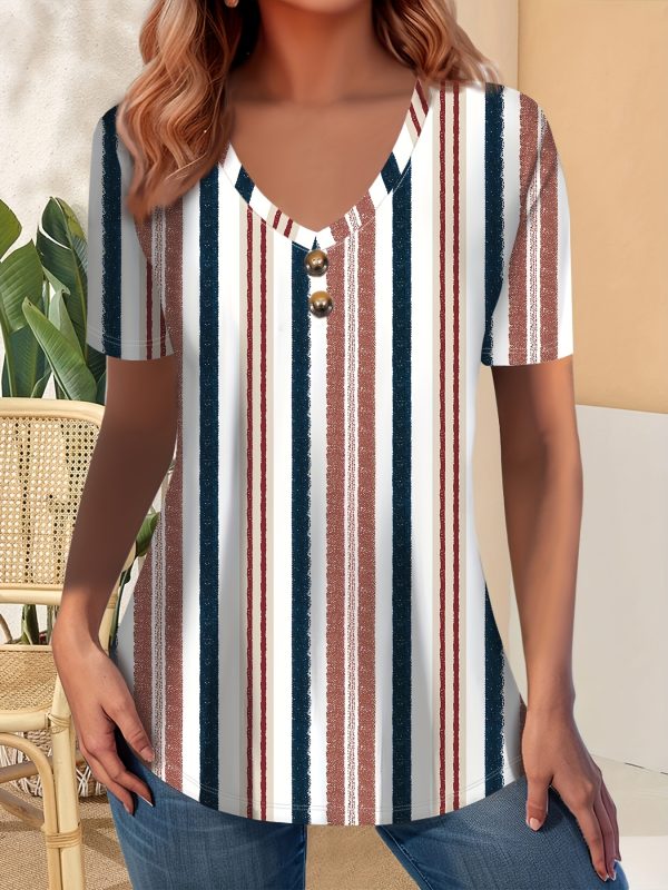 women's casual loose fit v neck short sleeve t shirt multicolor striped pattern, soft fabric, comfortable casual attire, ladies t shirts