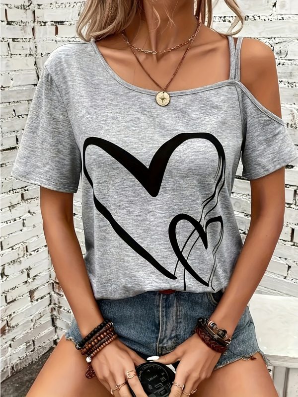 women's casual off shoulder t shirt with heart graphic short sleeve, asymmetrical neckline, light gray, perfect for summer & spring outfits, casual summer wear | asymmetrical neckline top | stylish casualwear