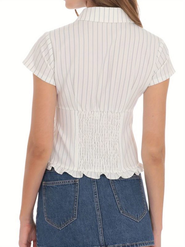 women's y2k slim fit short sleeve shirt black & white striped button up blouse, lightweight summer streetwear top for casual outfits, versatile fashion, classic collar, easycare material, stylish top, trendy outfits, breathable fabric, fashion lovers