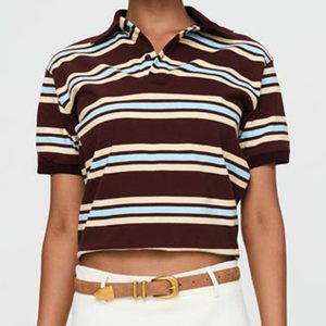women's y2k vintage striped crop top with lapel collar casual short sleeve shirt in brown & light blue, non stretch machine washable fabric for spring summer fall streetwear, teenage fashion, soft texture