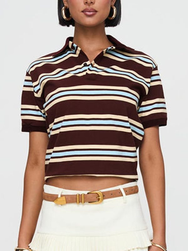 women's y2k vintage striped crop top with lapel collar casual short sleeve shirt in brown & light blue, non stretch machine washable fabric for spring summer fall streetwear, teenage fashion, soft texture