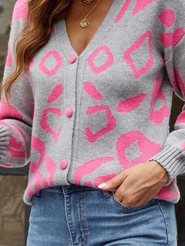 spring 2025 new arrival women's geometric striped cardigan pink & gray patchwork design, button front closure, all season casual chic sweater, machine washable