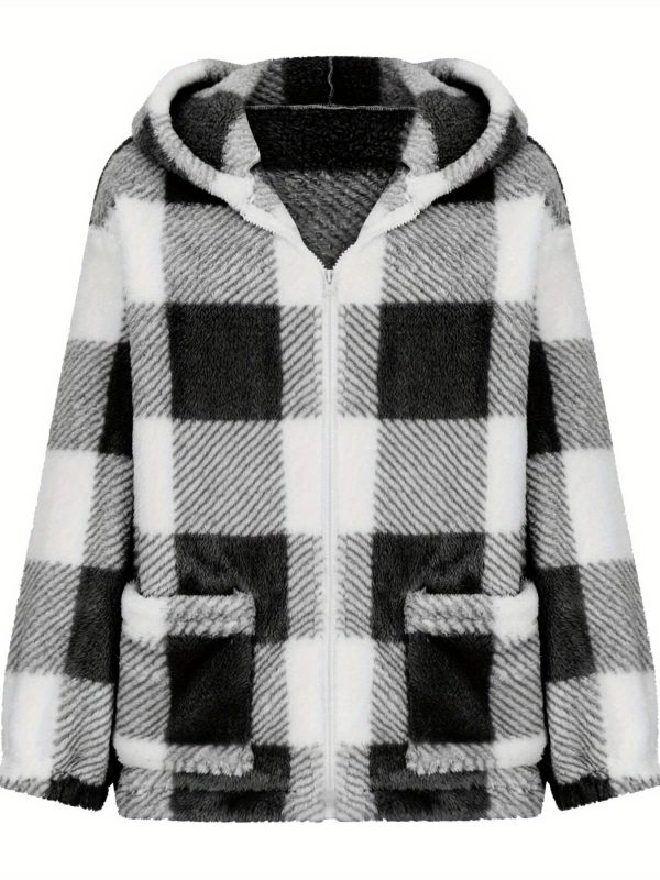 women's fuzzy plaid pattern long sleeve hooded neck zip up jacket coat outwear