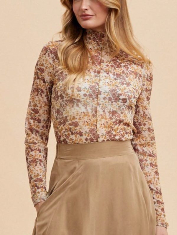 womens casual floral print elegant romantic high neck long sleeve blouse top fall vintage brown orange scattered flowers turtleneck pattern sheer light autumn office work dating wear