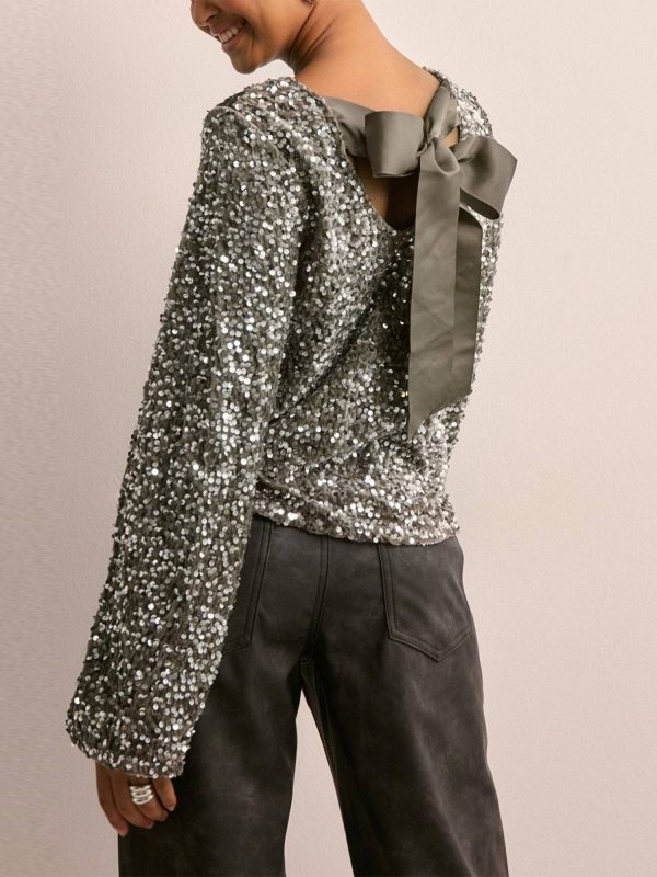 elegant women's long sleeve glitter sequin top round neck with chic back bow, stretchy & comfortable polyester blend, perfect for party wear