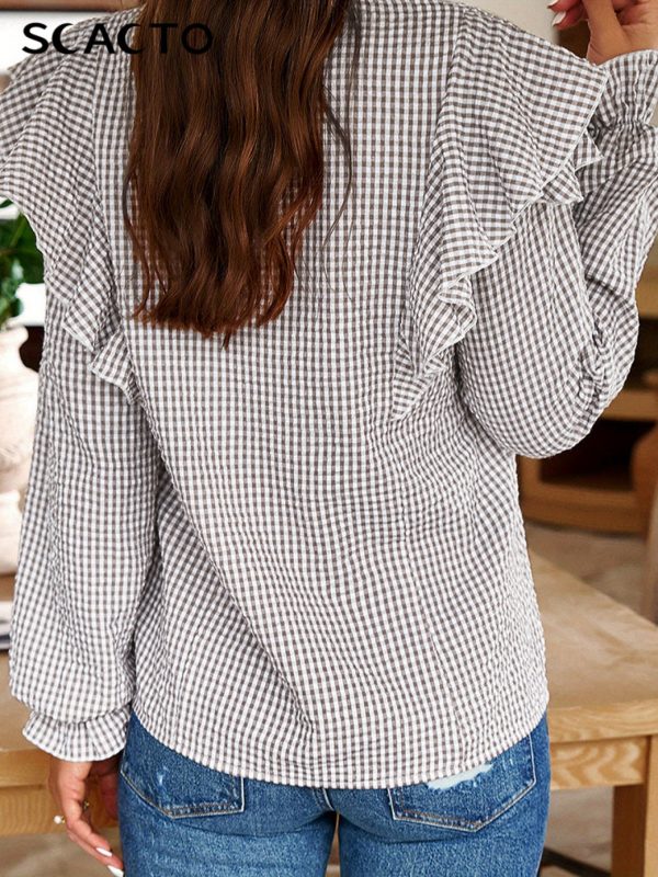 new black and white checkered ruffled shirt women's long sleeve design, retro style, casual apparel suitable for pairing with jeans