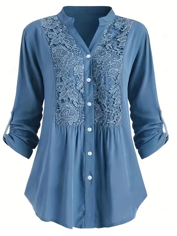 women's light blue v neck blouse with intricate lace detailing & single button front casual long sleeve top for springu002fsummer, machine washable polyester, casual wear | buttonfront shirt | scalloped edges, ladies blouses