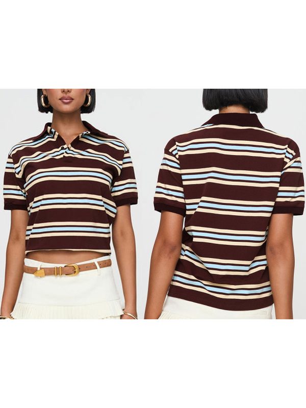 women's y2k vintage striped crop top with lapel collar casual short sleeve shirt in brown & light blue, non stretch machine washable fabric for spring summer fall streetwear, teenage fashion, soft texture