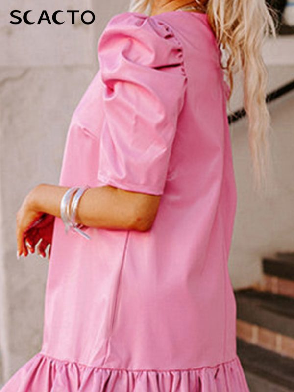 scacto women's elegant pink v neck dress with ruffle trim short sleeve, ruffled hem, lightweight polyester, perfect for spring and summer casual outings, cute dress