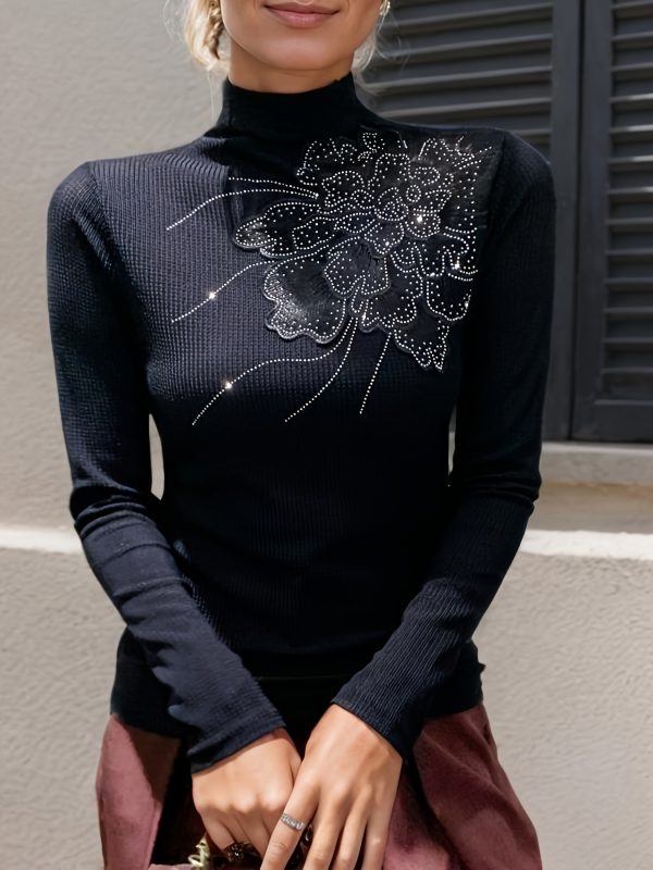 1pc elegant high neck turtleneck top with rhinestone applique, polyamide 90% elastane 10% knit fabric, asymmetrical detailing, springu002ffall season solid color mesh blouse