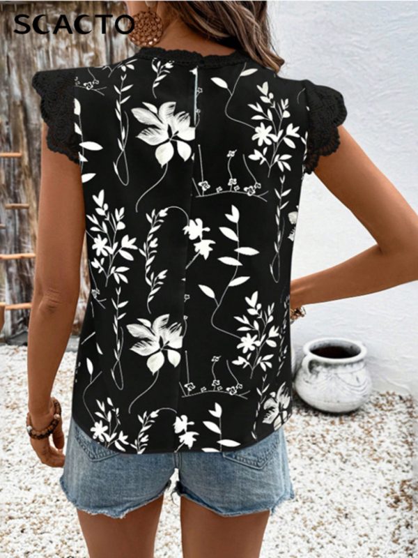 scacto women's geometric leaf print lace cap sleeve blouse black & white contrast crew neck casual shirt, all season machine washable top for casual attire, versatile shirt, feminine style, quality stitching, stylish shirt, summer wardrobe