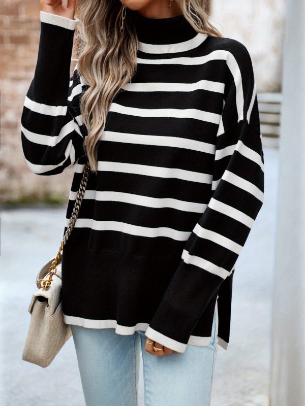 women's white & green horizontal striped sweater soft crewneck pullover for springu002ffallu002fsummer, everyday & formal outfits machine washable long sleeve sweater
