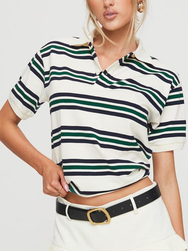 women's y2k vintage striped crop top with lapel collar casual short sleeve shirt in brown & light blue, non stretch machine washable fabric for spring summer fall streetwear, teenage fashion, soft texture