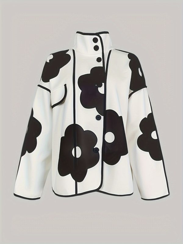 women's lightweight floral print jacket casual long sleeve with stand collar, single breasted buttons, white base with black floral patterns, perfect for fallu002fwinter outfits, winter outerwear | sleek design