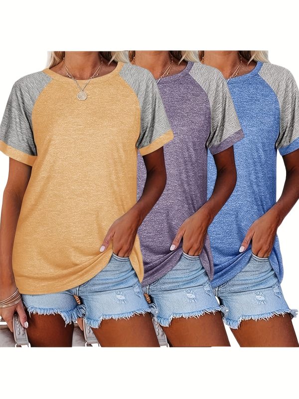three piece set 2025 european and american fashion women's short sleeved t shirt casual color matching short sleeved t shirt