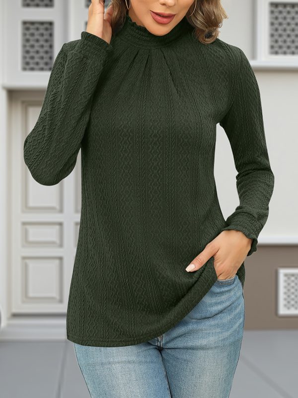 women's mock neck long sleeve blouse stretch pleated textured top, solid color casual to dressy tunic shirt, machine washable fall winter fashion tops, versatile clothing, fabric, office wear, soft texture, weekend wear