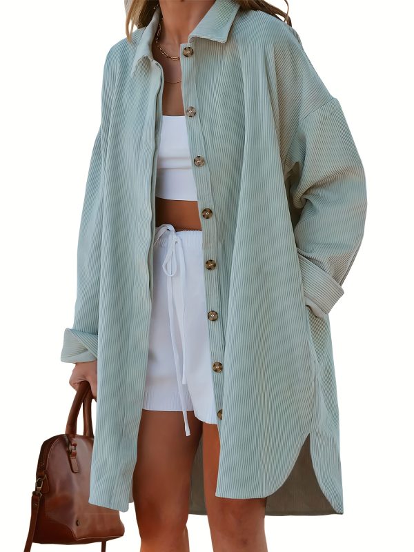 women's light blue corduroy shacket casual long button shirt with side slit, oversized collar coat for spring & fall, polyester fabric, machine washable