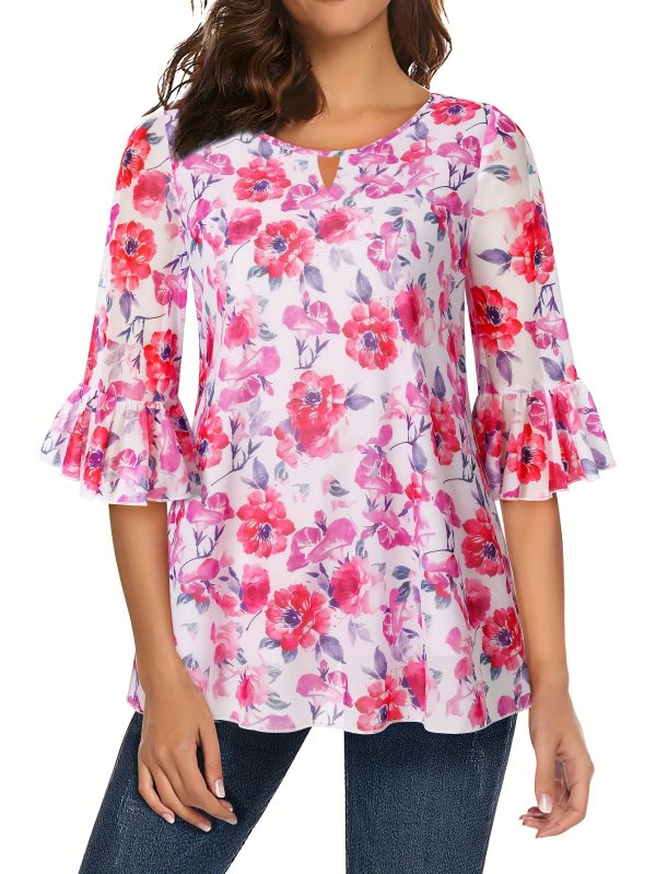 women summer tops blouses and shirts double layer printed mesh top round neck 3u002f4 sleeve bell sleeve corset
