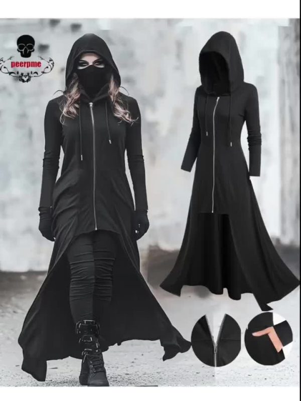 women's gothic hooded zip up jacket long formal coat with full zip closure, elegant gothic outerwear for halloween, cosplay, everyday easy care hand washable women's clothing, goth accessories