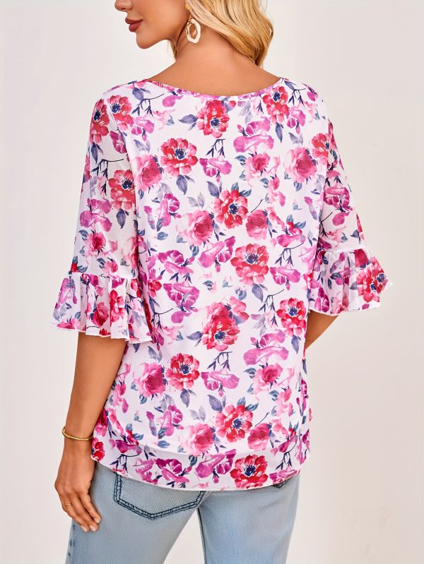 women summer tops blouses and shirts double layer printed mesh top round neck 3u002f4 sleeve bell sleeve corset