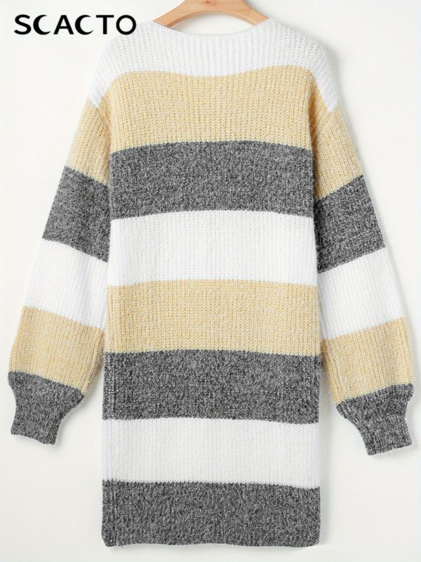 timeless striped design autumnu002fwinter dress for women loose comfortable long sleeve round neck knee length dress
