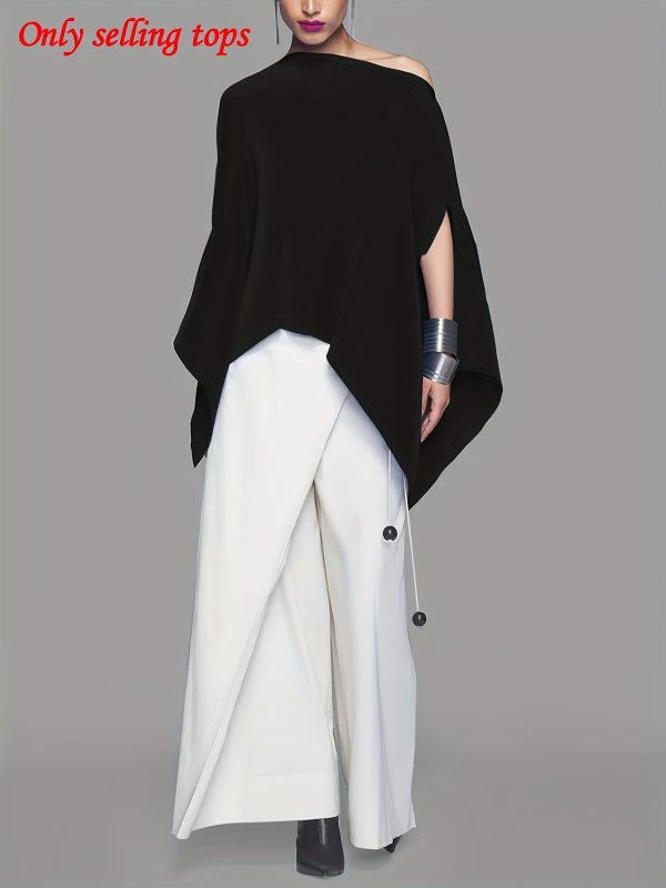 women's asymmetrical single shoulder batwing sleeve t shirt loose fit solid color black top with hem cut out, casual commuting & casual attire, springu002fautumn fashion, sizes s 2xl, autumn wardrobe essential, minimalist design, stylish finish
