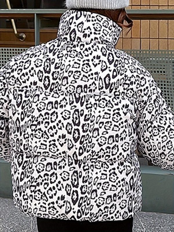 women's leopard print jacket stylish long sleeve zip up coat with pockets, black & white animal pattern, perfect for fallu002fwinter outerwear, leopard print clothing