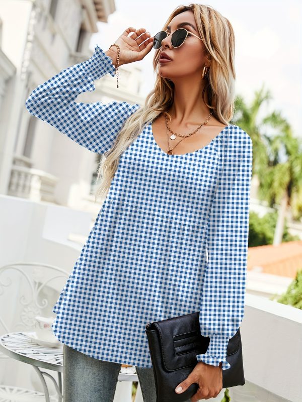women's casual v neck long sleeve blouse non see through fabric, everyday office outfit essential springu002fsummer wardrobe staple top, summer fashion, puffed sleeves, checkered pattern