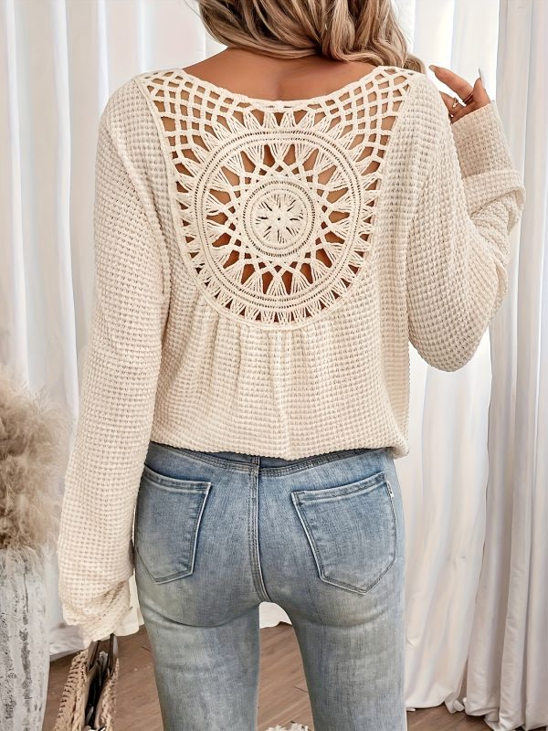 women's elegant v neck long sleeve t shirt with contrast lace detail casual black top, springu002ffall fashion, lightweight polyester blend, perfect for casual attire, ladies t shirts