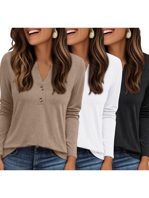 three piece women's long sleeved henry shirt, elegant and casual autumn top, fashionable shirt, cute v tie, button t shirt