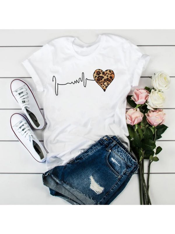 summer new 90 's leopard heartbeat short sleeve print clothing women's t shirt harajuku graphic clothing women's top, drop ship