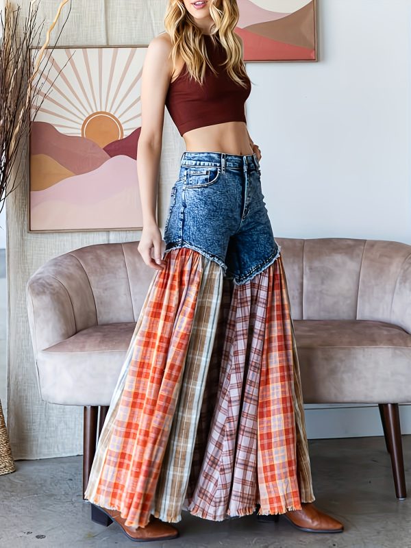 women's denim patchwork flared bell bottom pants with ruffled hem street style casual trousers, all season regular fit length for everyday outings, relaxed outfit jeans, durable fabric jeans