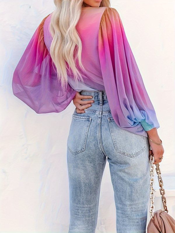 womens v neck gradient color long sleeve tops 2025 summer casual loose puff sleeve shirts