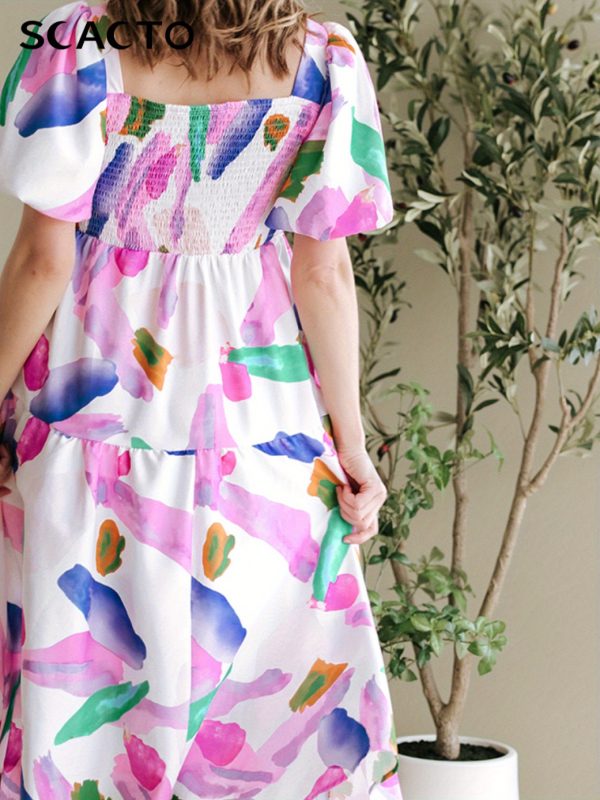 colorful floral print square neck dress with ruffled sleeves lightweight polyester, perfect for casual or stylish outfits, all season wear, casual attire|ruffled sleeve dress|polyester fabric