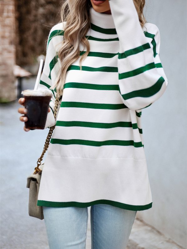 women's white & green horizontal striped sweater soft crewneck pullover for springu002ffallu002fsummer, everyday & formal outfits machine washable long sleeve sweater