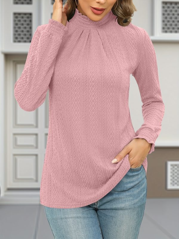 women's mock neck long sleeve blouse stretch pleated textured top, solid color casual to dressy tunic shirt, machine washable fall winter fashion tops, versatile clothing, fabric, office wear, soft texture, weekend wear