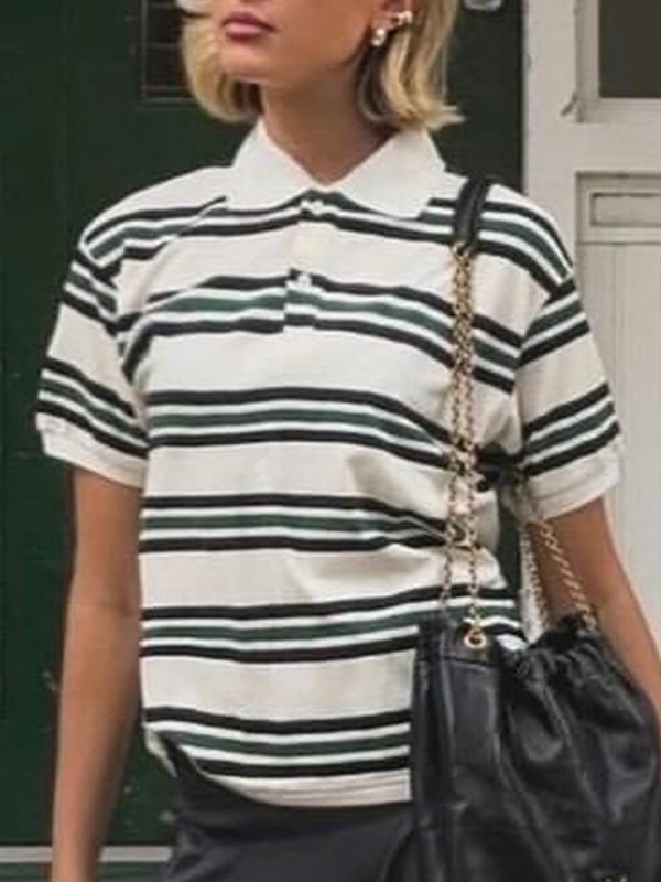 women's y2k vintage striped crop top with lapel collar casual short sleeve shirt in brown & light blue, non stretch machine washable fabric for spring summer fall streetwear, teenage fashion, soft texture