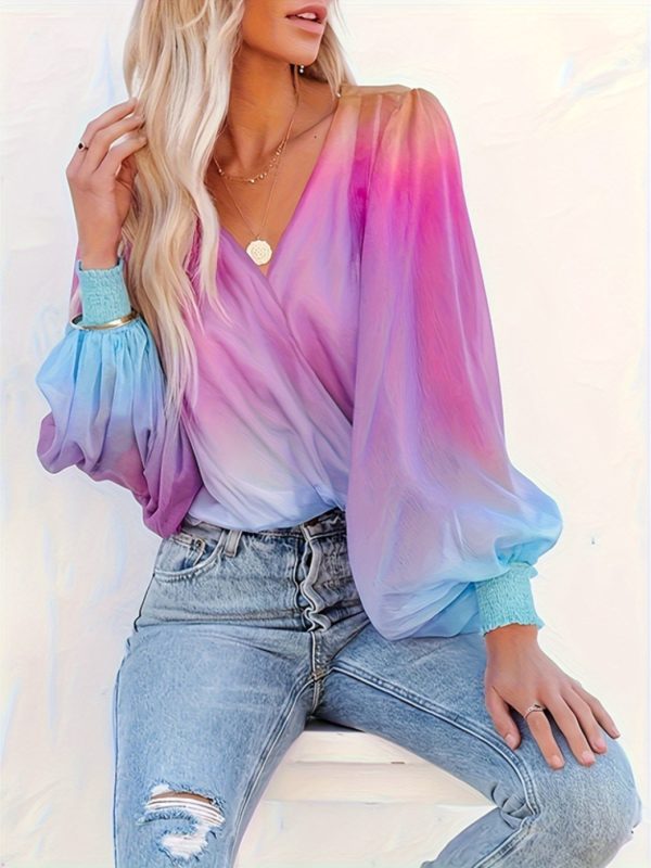 womens v neck gradient color long sleeve tops 2025 summer casual loose puff sleeve shirts