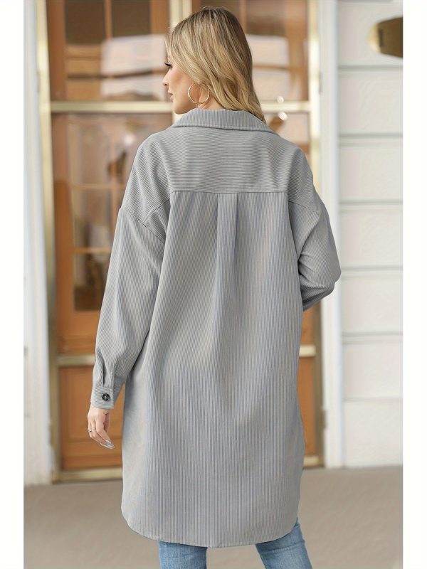 women's light blue corduroy shacket casual long button shirt with side slit, oversized collar coat for spring & fall, polyester fabric, machine washable