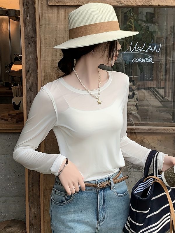 meiyang jelly long sleeve t shirt, lyocell silk, crew neck, sheer, comfortable basic tee, solid color, regular fit, summer casual wear